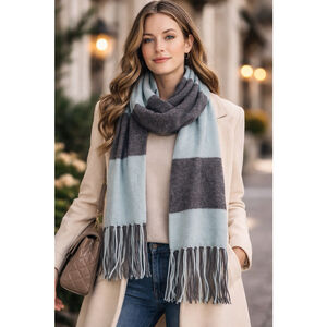 100% Cashmere Scarf Wrap Shawl Gray Blue Fringe 98x12 Luxury Minnie Rose